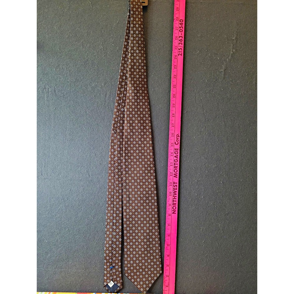 Vintage Barneys New York Men's Woven Silk Tie Brown Blue Yellow Geometric